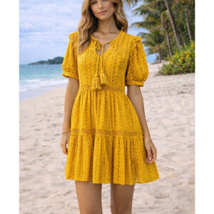 MNG Mango Yellow Boho Lace Short Dress Womens 4 Above Knee Puff Sleeve Tassel